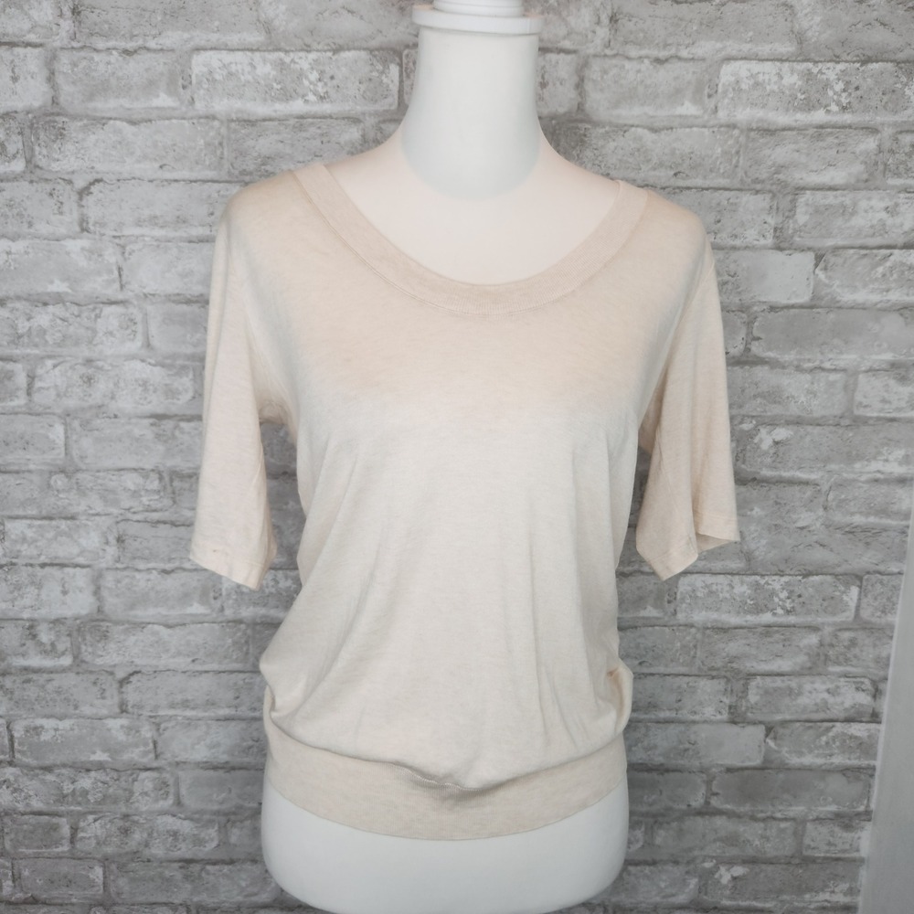 Massimo Dutti T-Shirt Taupe Ribbed Hem Scoop Neck Short Sleeve‎ Small